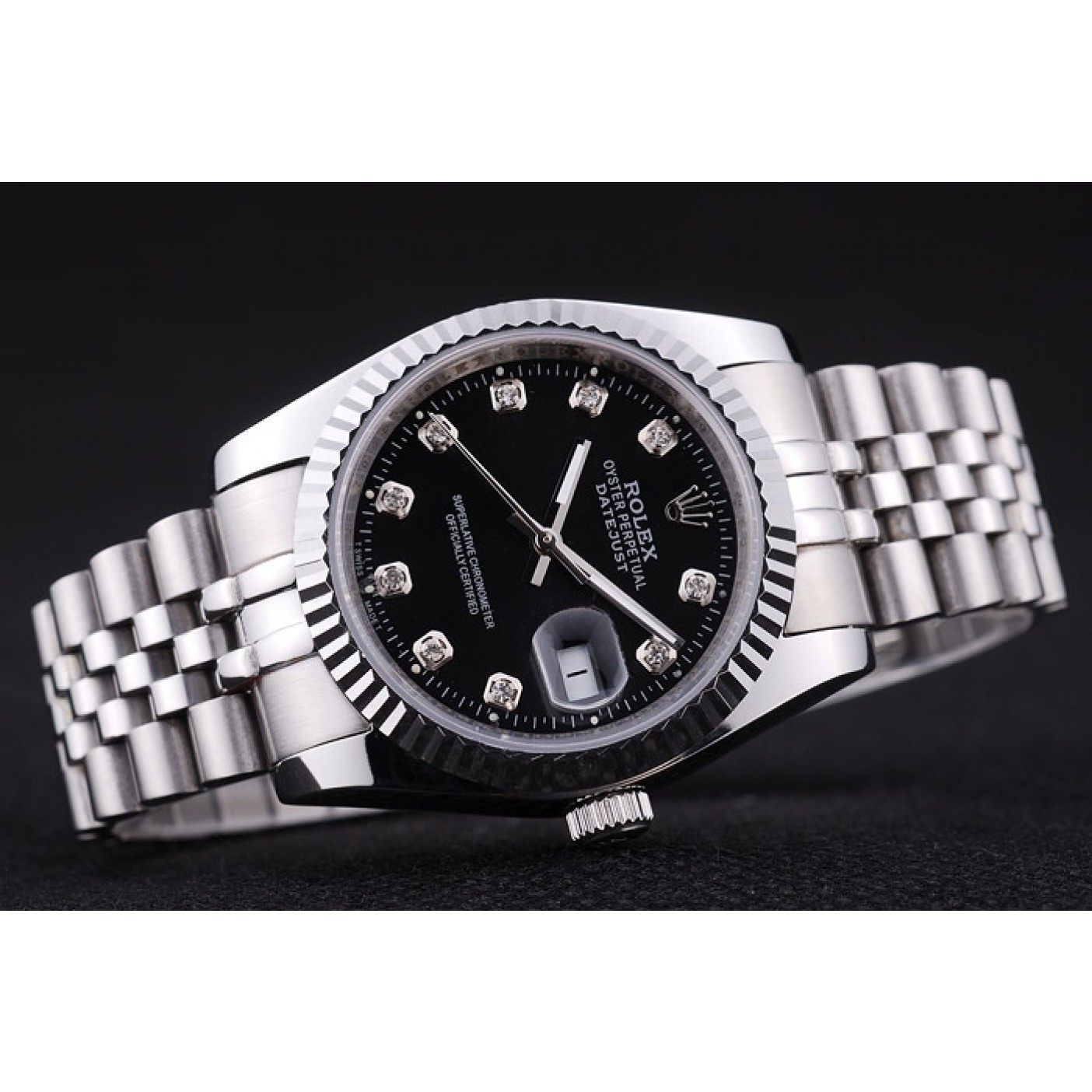MiroTime Rolex Datejust Black Dial Diamonds Ribbed Bezel 7458