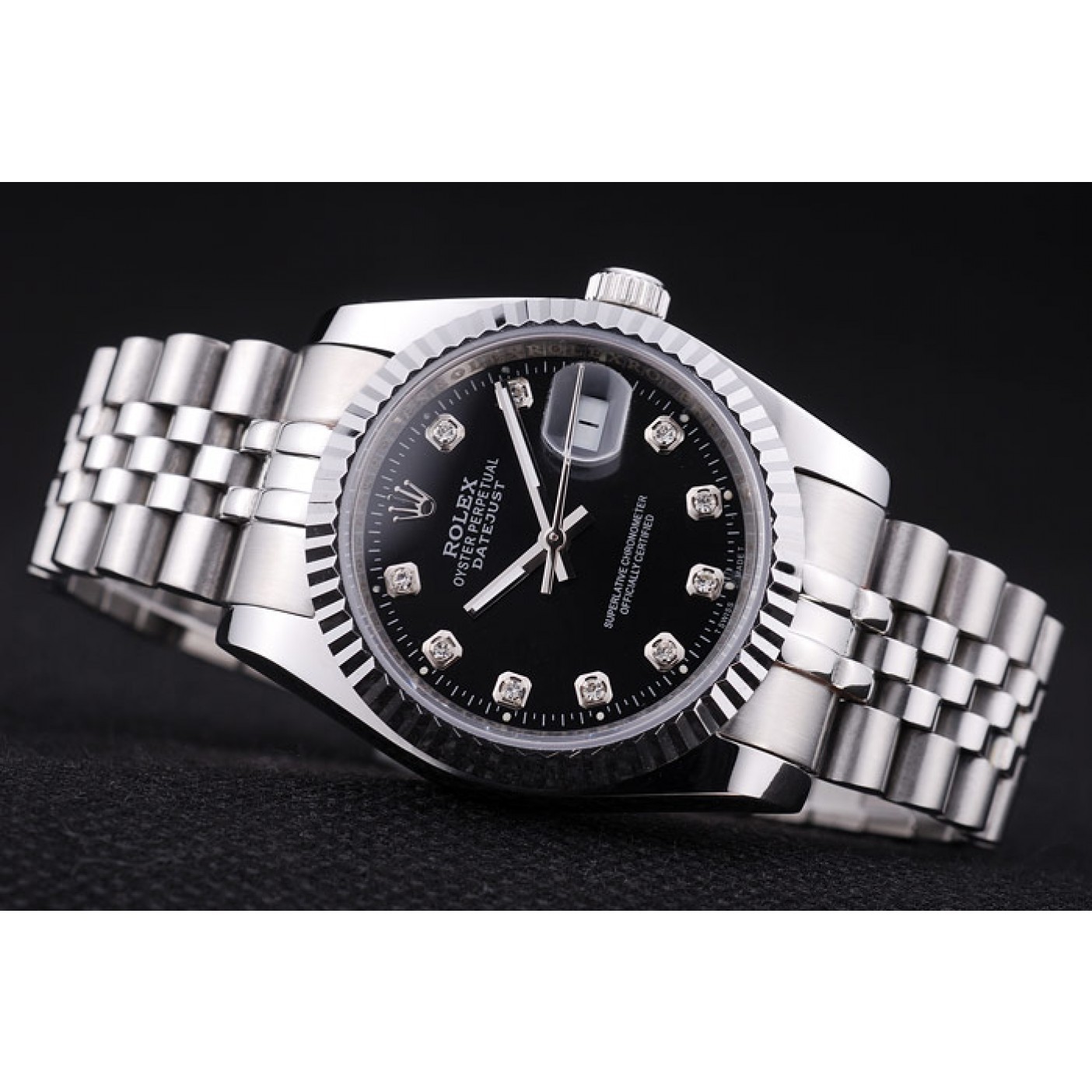 MiroTime Rolex Datejust Black Dial Diamonds Ribbed Bezel 7458