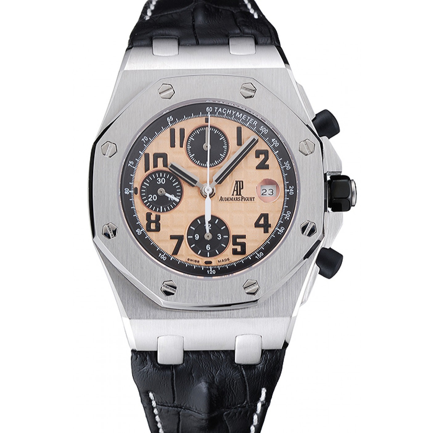 MiroTime Swiss Audemars Piguet Royal Oak Offshore Gold Dial Stainless Steel Case Black Leather Strap 622849