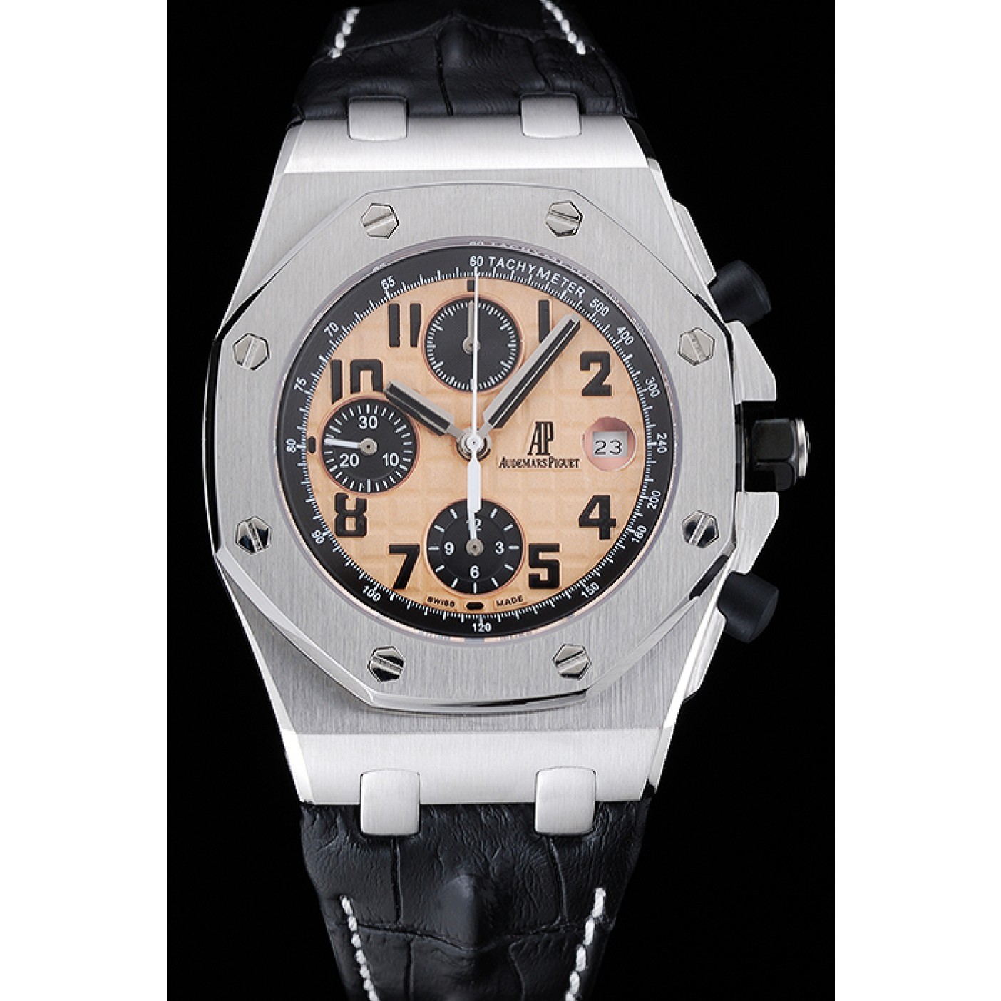 MiroTime Swiss Audemars Piguet Royal Oak Offshore Gold Dial Stainless Steel Case Black Leather Strap 622849