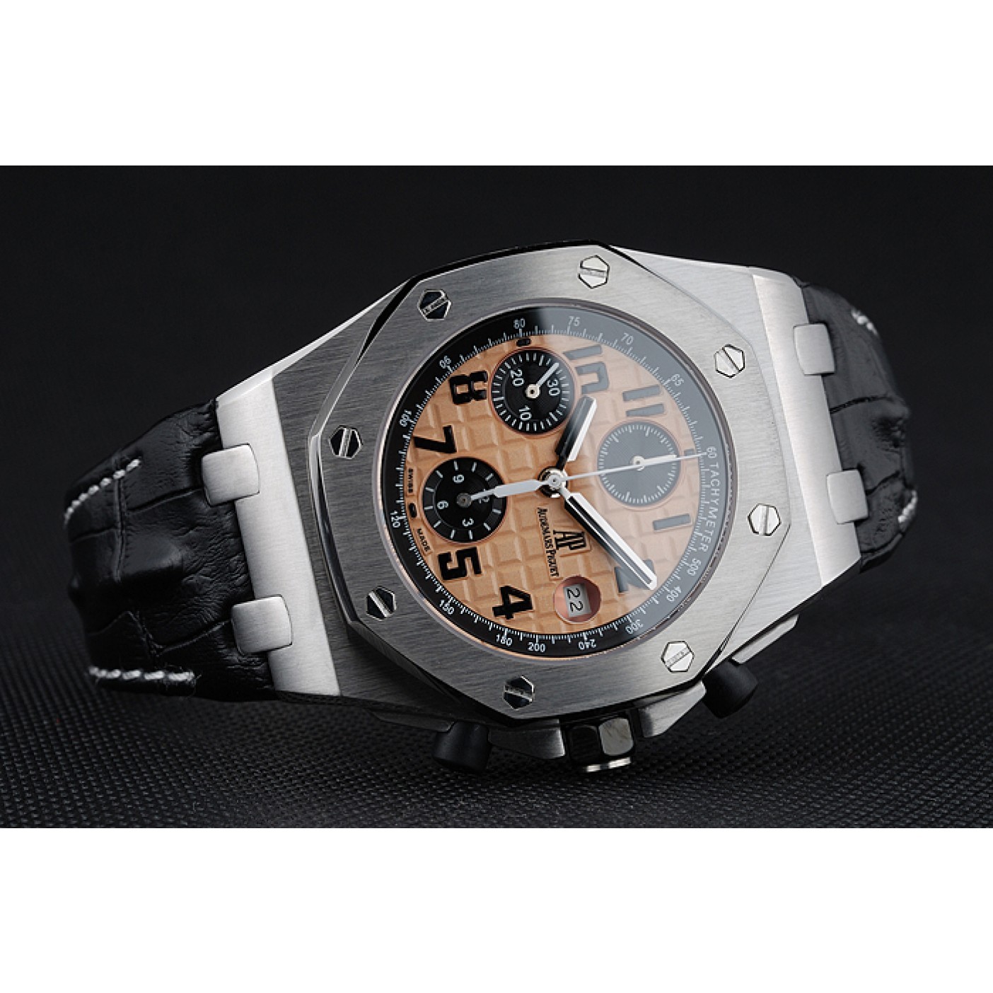 MiroTime Swiss Audemars Piguet Royal Oak Offshore Gold Dial Stainless Steel Case Black Leather Strap 622849