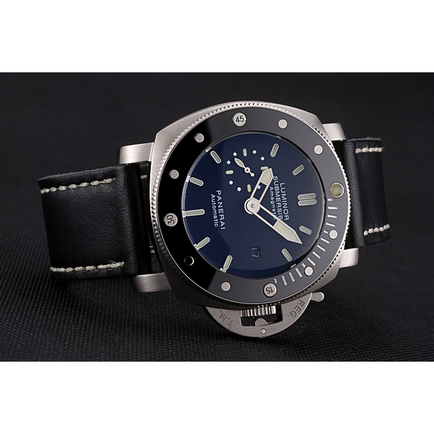 MiroTime Panerai Luminor Submersible Black Dial Stainless Steel Case Black Bezel Black Leather Strap