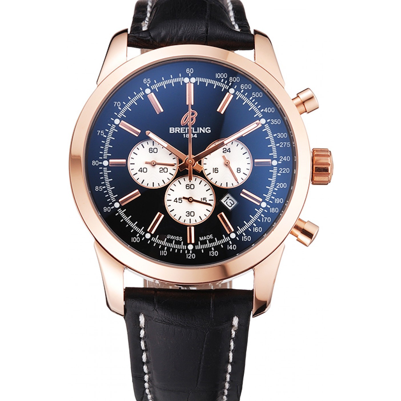 MiroTime Breitling Transocean Black Dial Black Leather Strap Rose Gold Bezel 98204