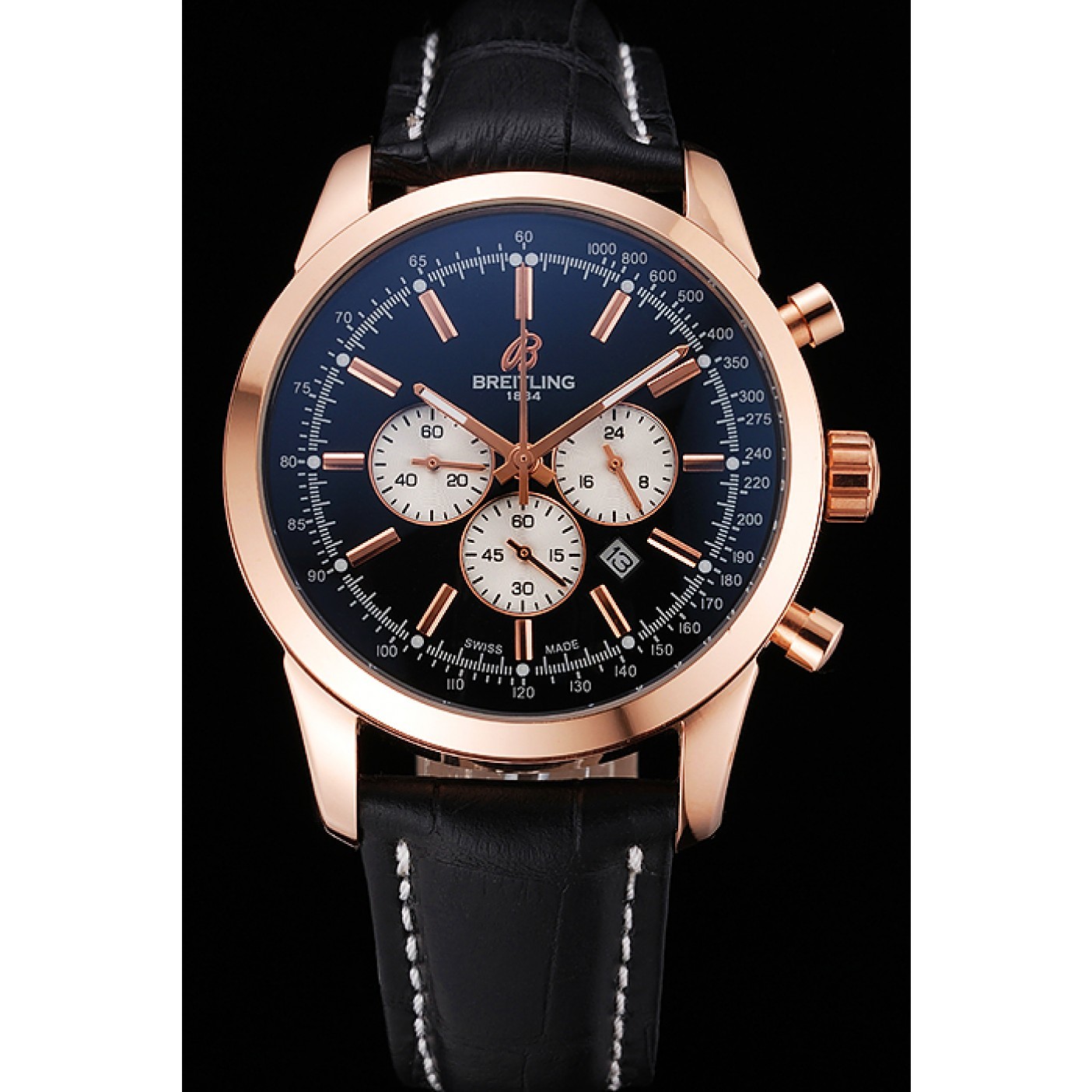 MiroTime Breitling Transocean Black Dial Black Leather Strap Rose Gold Bezel 98204