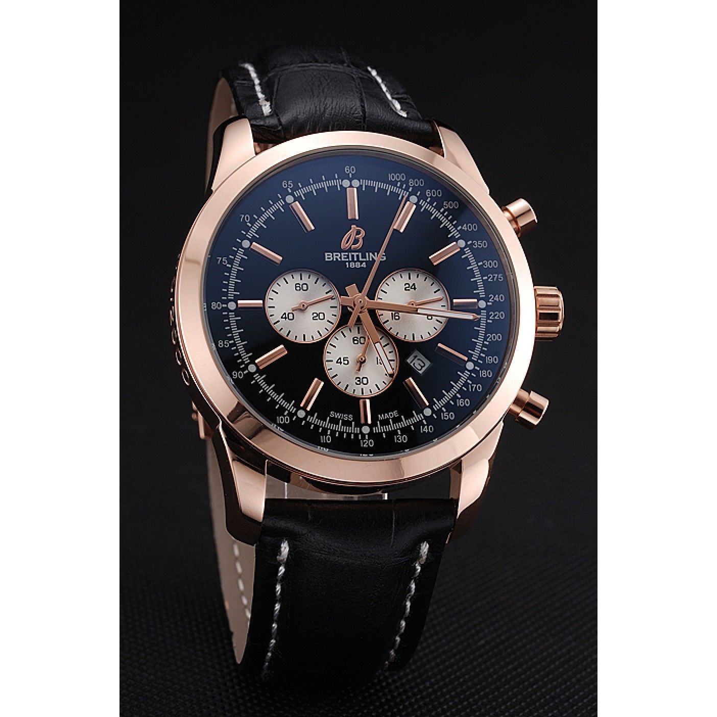 MiroTime Breitling Transocean Black Dial Black Leather Strap Rose Gold Bezel 98204