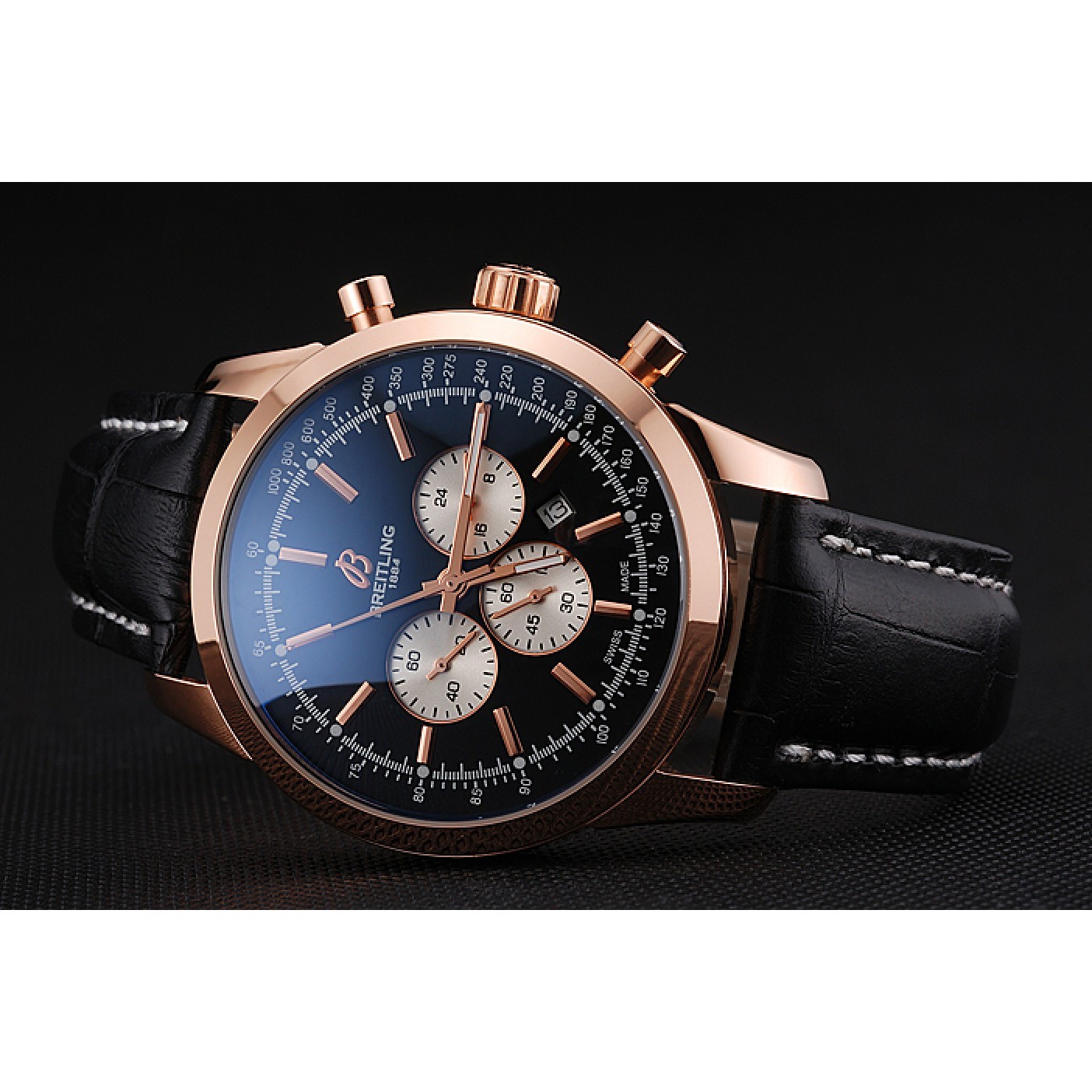 MiroTime Breitling Transocean Black Dial Black Leather Strap Rose Gold Bezel 98204
