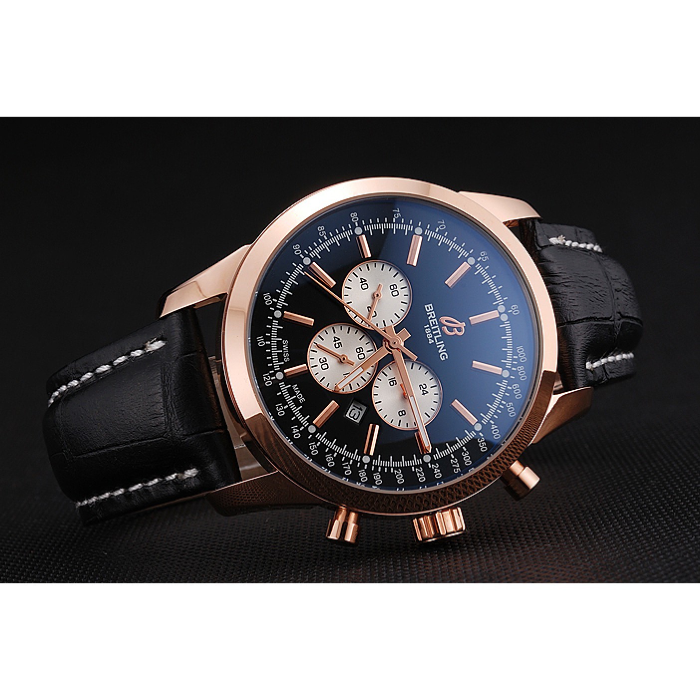 MiroTime Breitling Transocean Black Dial Black Leather Strap Rose Gold Bezel 98204