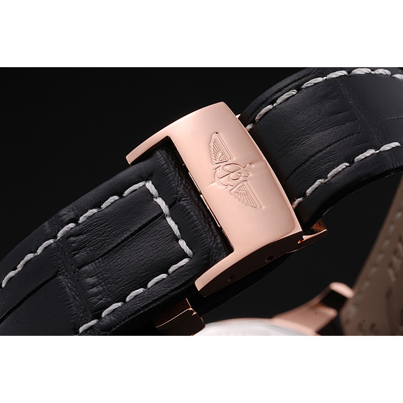 MiroTime Breitling Transocean Black Dial Black Leather Strap Rose Gold Bezel 98204