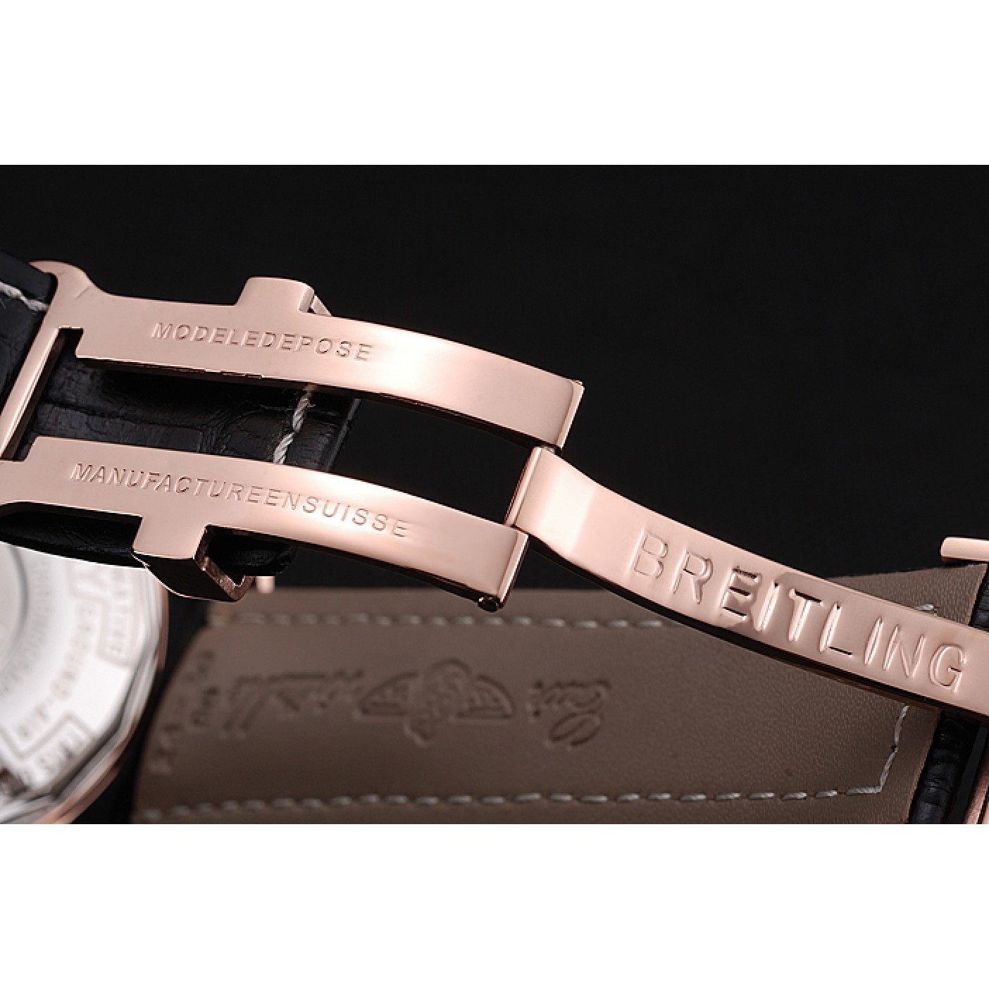 MiroTime Breitling Transocean Black Dial Black Leather Strap Rose Gold Bezel 98204