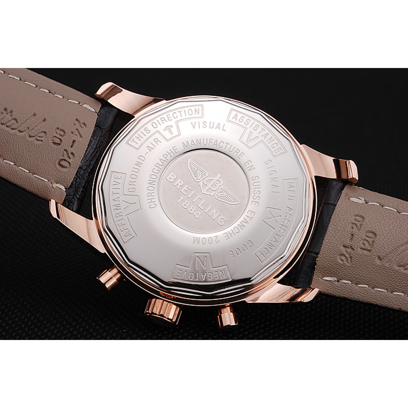 MiroTime Breitling Transocean Black Dial Black Leather Strap Rose Gold Bezel 98204