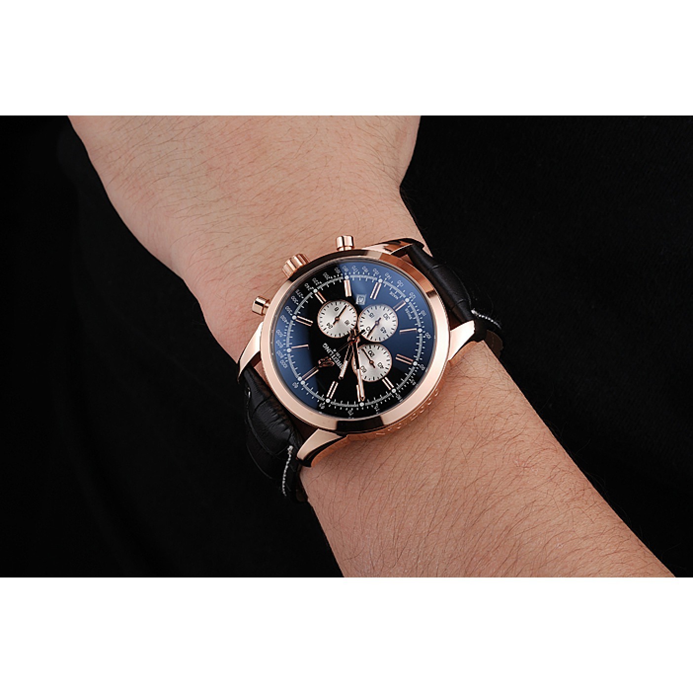 MiroTime Breitling Transocean Black Dial Black Leather Strap Rose Gold Bezel 98204