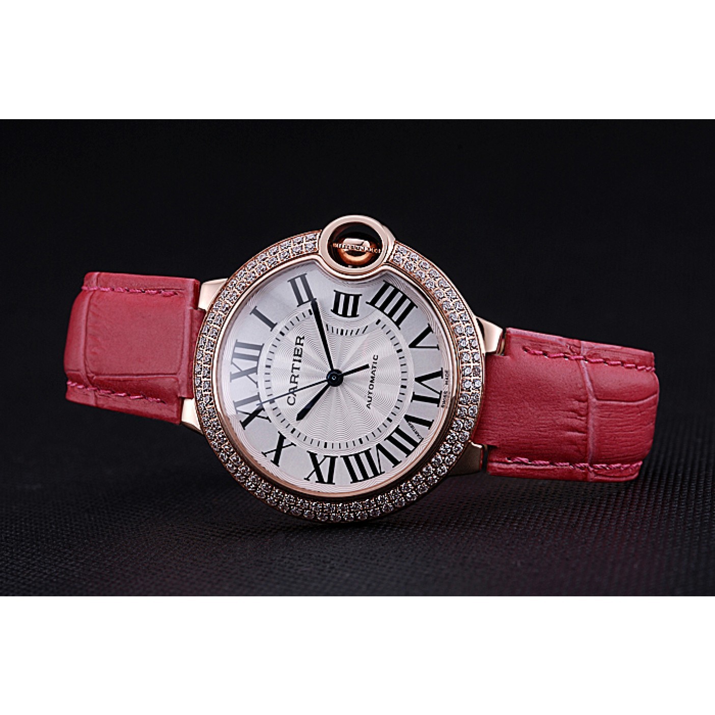 MiroTime Swiss Cartier Ballon Bleu de Cartier White Dial Diamonds Case Pink Leather Bracelet 622553