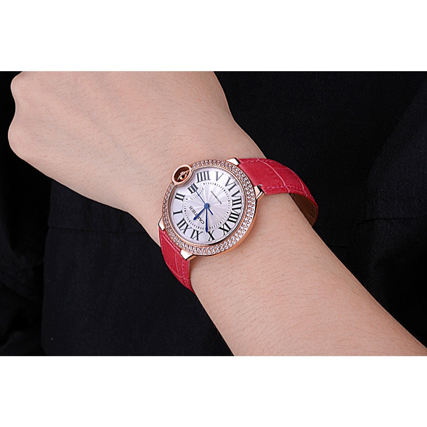 MiroTime Swiss Cartier Ballon Bleu de Cartier White Dial Diamonds Case Pink Leather Bracelet 622553