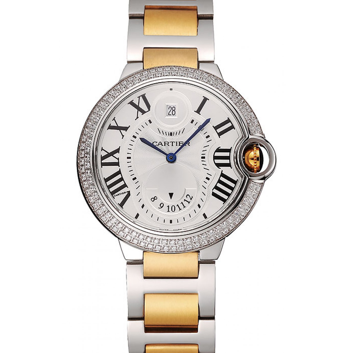 MiroTime Swiss Cartier Ballon Bleu Two Timezone White Dial Diamond Case Gold And Silver Bracelet 1453876
