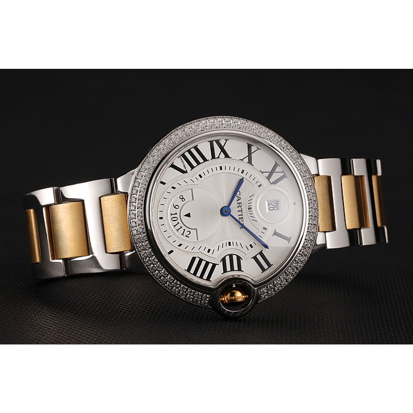 MiroTime Swiss Cartier Ballon Bleu Two Timezone White Dial Diamond Case Gold And Silver Bracelet 1453876