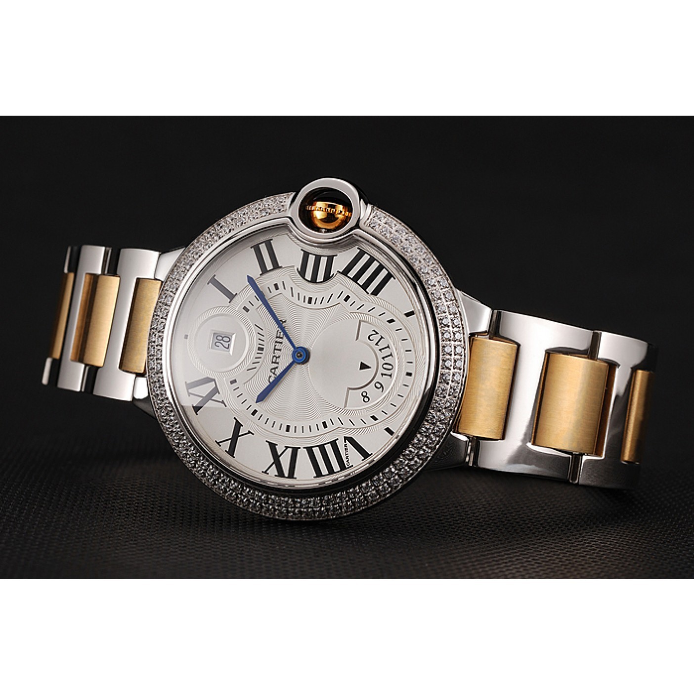 MiroTime Swiss Cartier Ballon Bleu Two Timezone White Dial Diamond Case Gold And Silver Bracelet 1453876