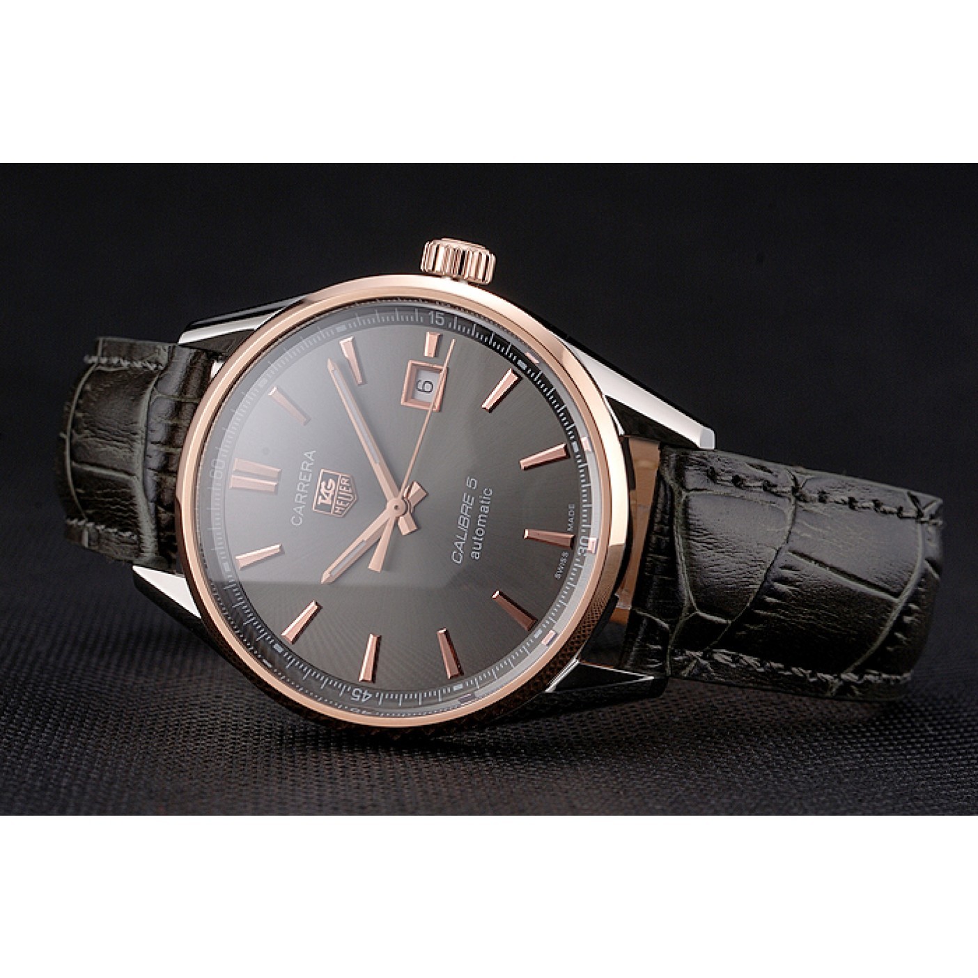MiroTime Swiss Tag Heuer Carrera Calibre 5 Gray Dial Rose Gold Case Black Leather Strap