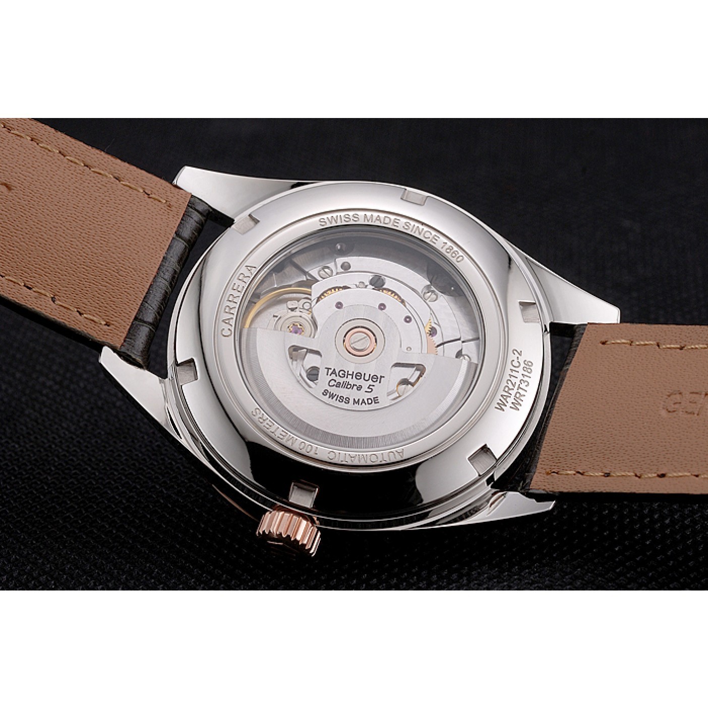 MiroTime Swiss Tag Heuer Carrera Calibre 5 Gray Dial Rose Gold Case Black Leather Strap