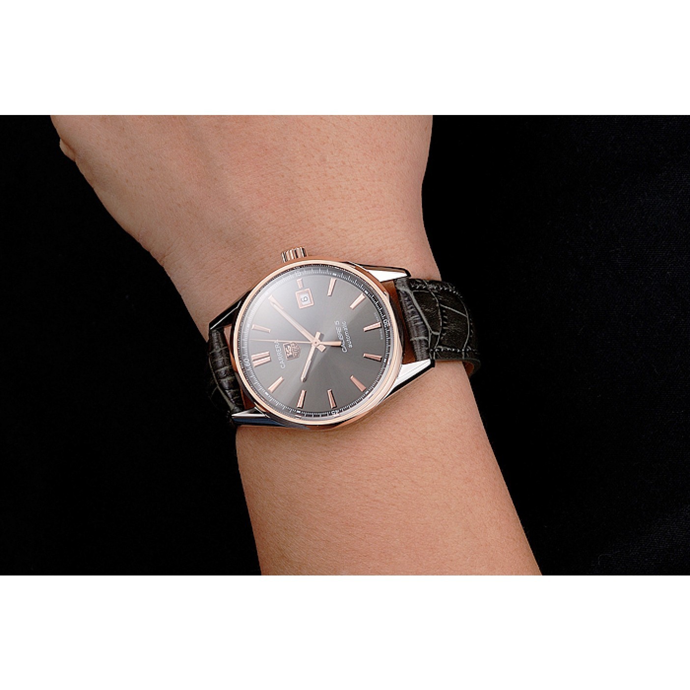 MiroTime Swiss Tag Heuer Carrera Calibre 5 Gray Dial Rose Gold Case Black Leather Strap