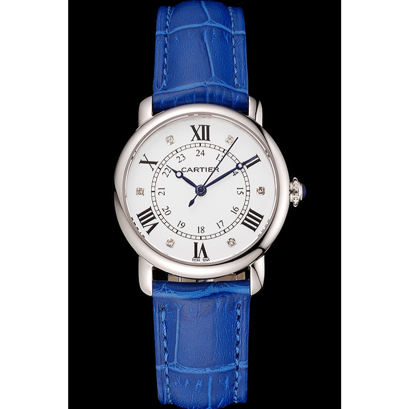 MiroTime Cartier Ronde White Dial Diamond Hour Marks Stainless Steel Case Blue Leather Strap