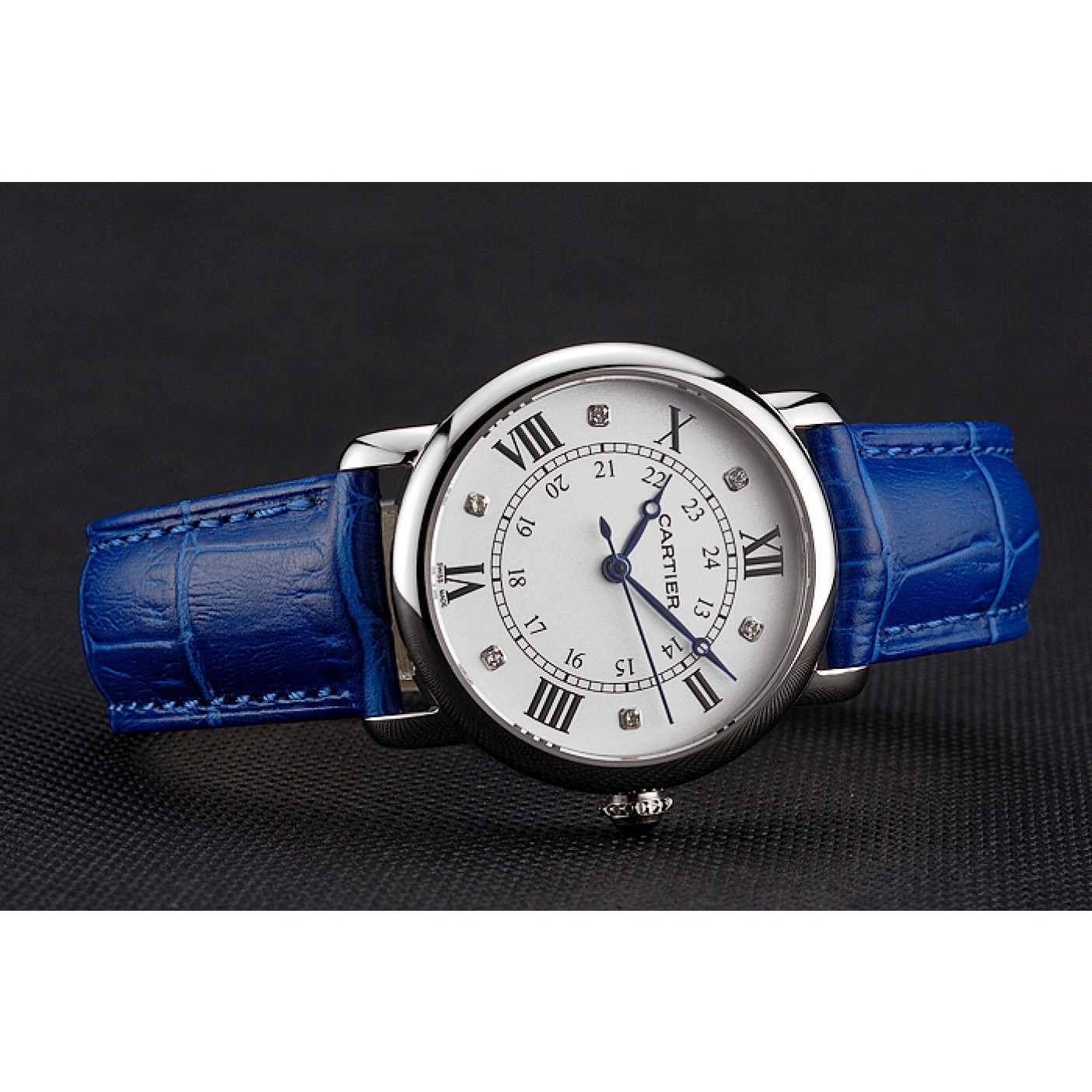 MiroTime Cartier Ronde White Dial Diamond Hour Marks Stainless Steel Case Blue Leather Strap