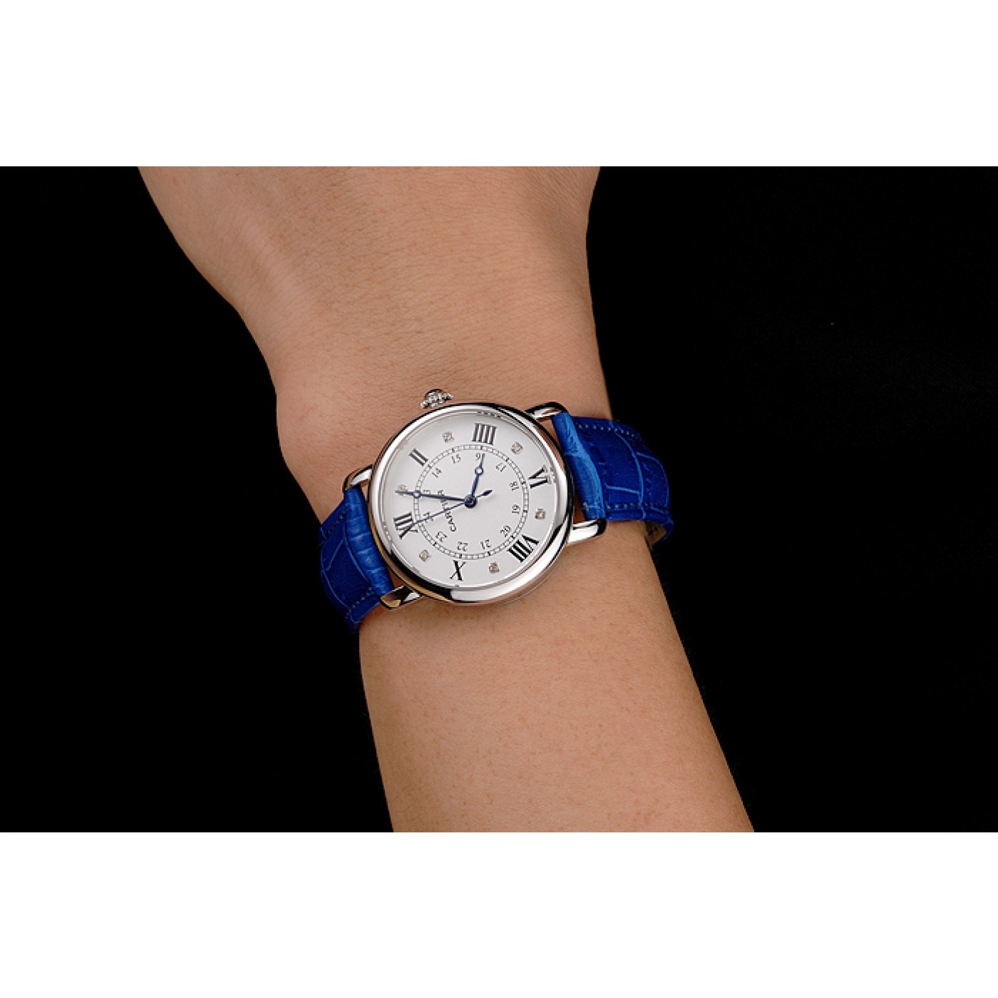 MiroTime Cartier Ronde White Dial Diamond Hour Marks Stainless Steel Case Blue Leather Strap