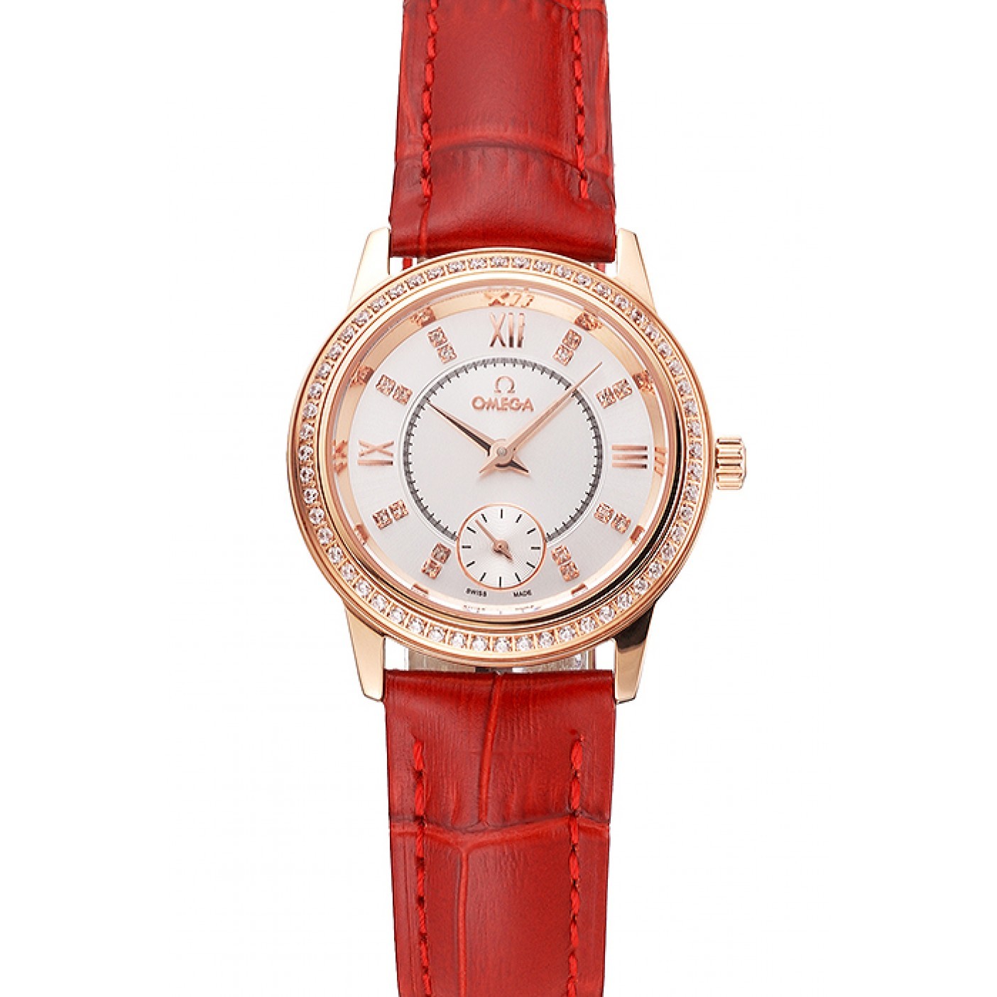 MiroTime Omega De Ville Prestige Small Seconds White Dial Diamond Bezel Rose Gold Case Red Leather Strap