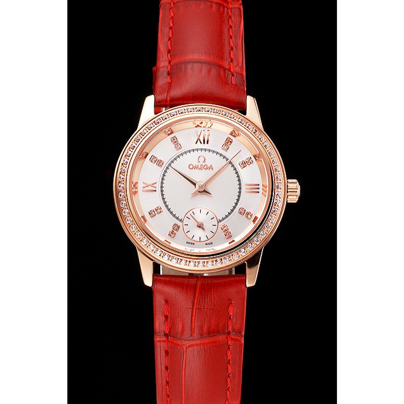 MiroTime Omega De Ville Prestige Small Seconds White Dial Diamond Bezel Rose Gold Case Red Leather Strap