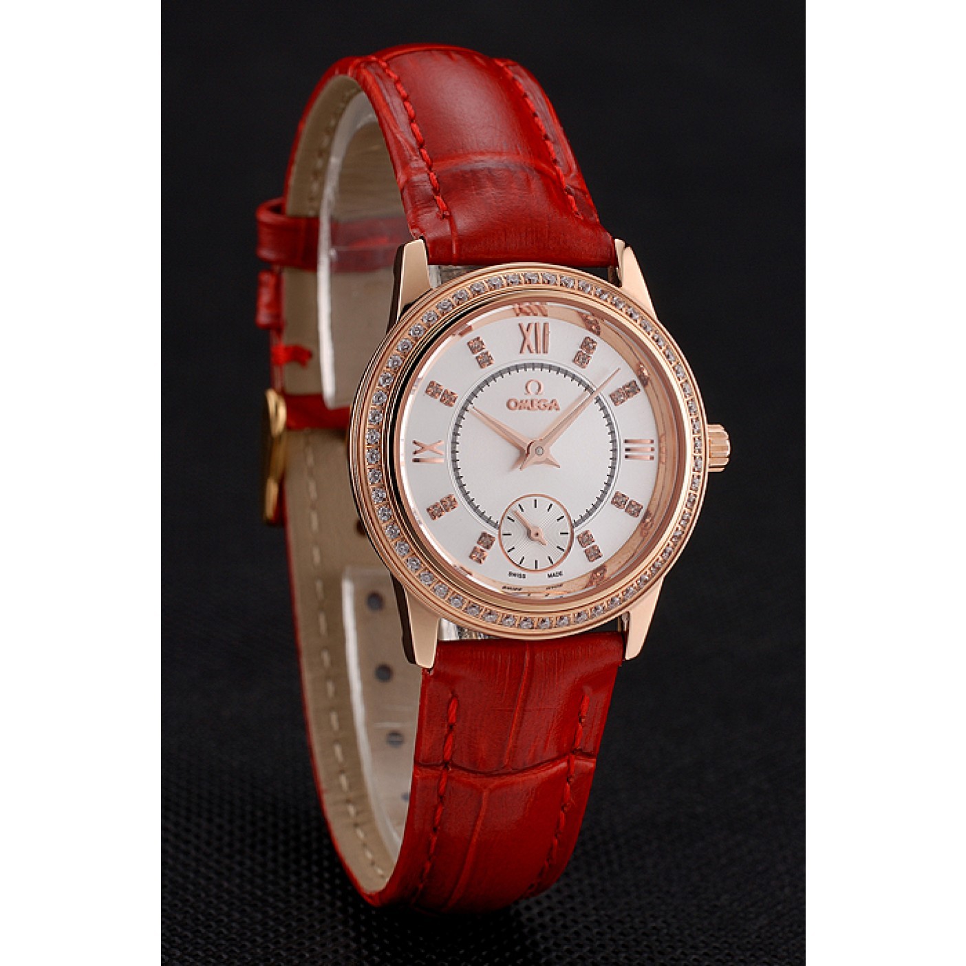 MiroTime Omega De Ville Prestige Small Seconds White Dial Diamond Bezel Rose Gold Case Red Leather Strap