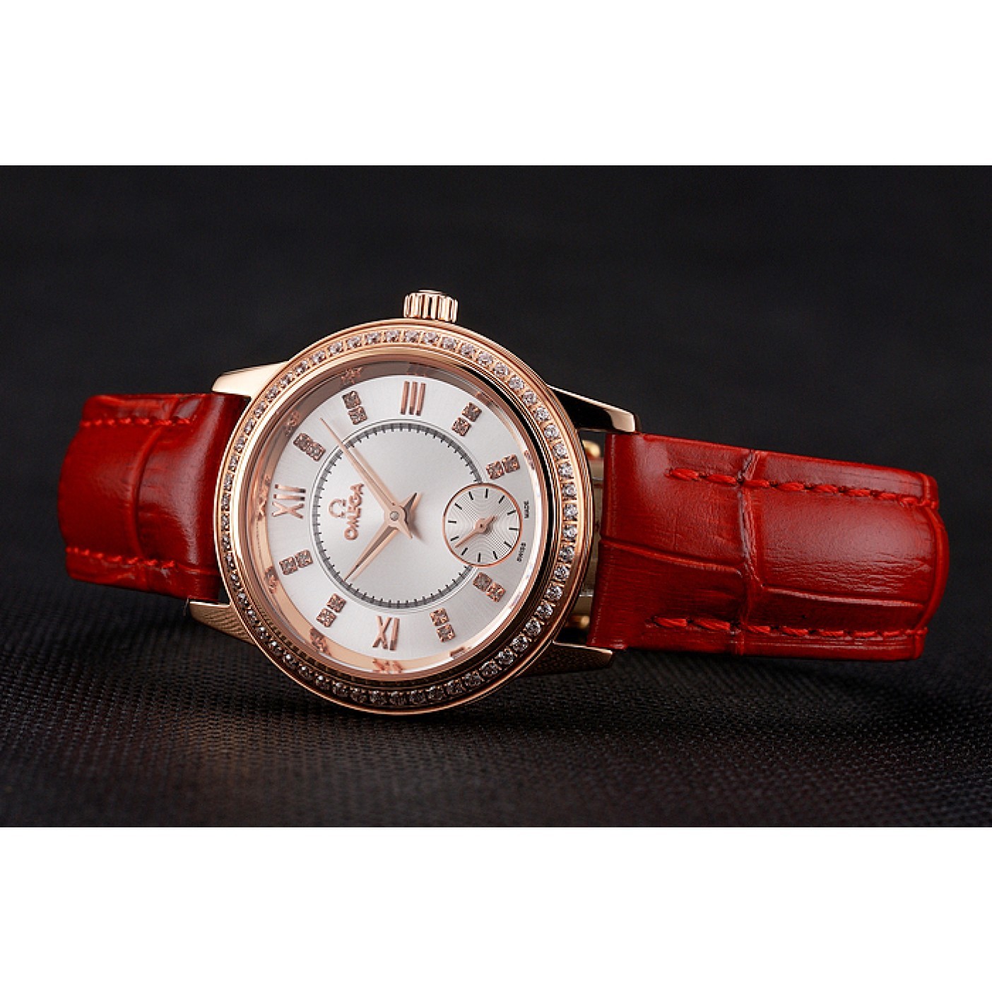 MiroTime Omega De Ville Prestige Small Seconds White Dial Diamond Bezel Rose Gold Case Red Leather Strap