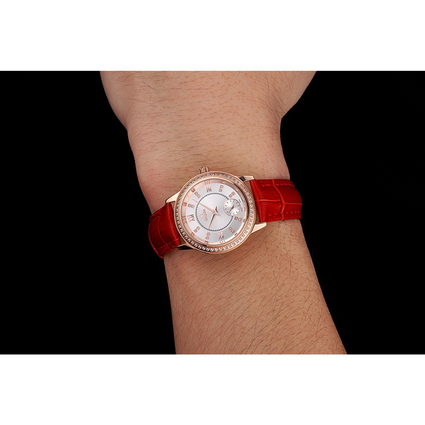 MiroTime Omega De Ville Prestige Small Seconds White Dial Diamond Bezel Rose Gold Case Red Leather Strap