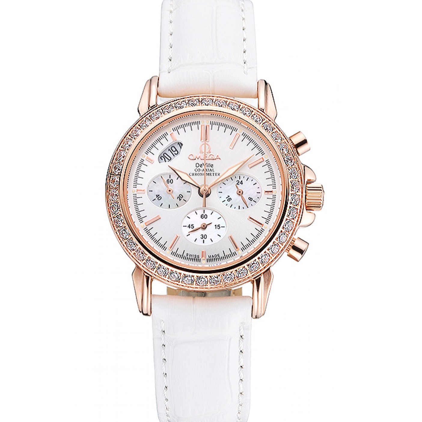 MiroTime Omega Speedmaster Chronograph White Dial Gold Diamond Case White Leather Bracelet 622455