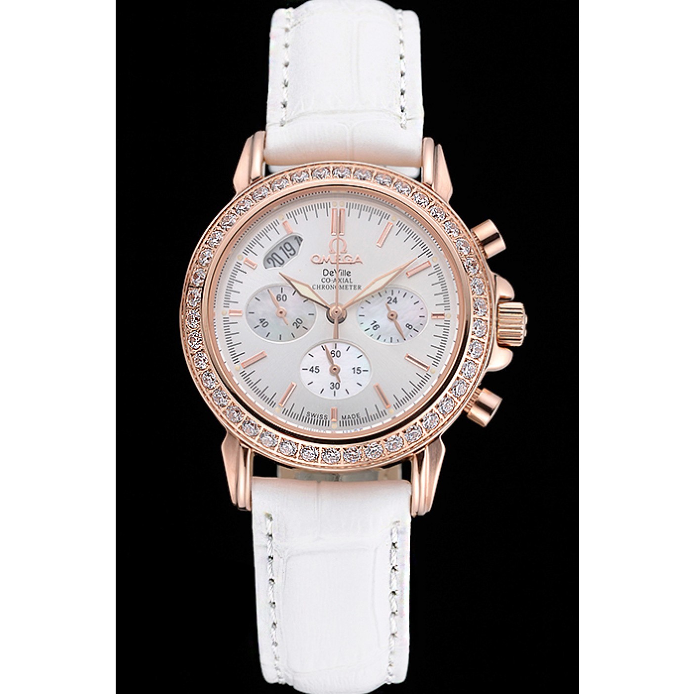 MiroTime Omega Speedmaster Chronograph White Dial Gold Diamond Case White Leather Bracelet 622455