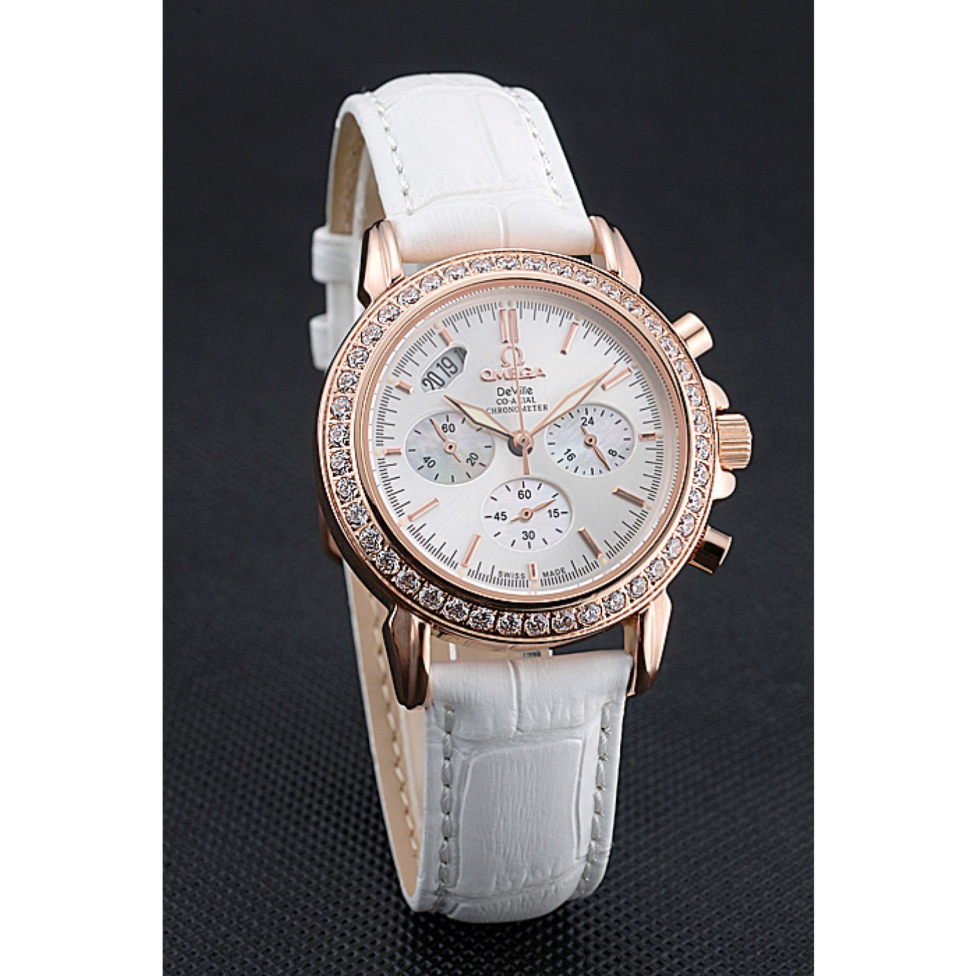 MiroTime Omega Speedmaster Chronograph White Dial Gold Diamond Case White Leather Bracelet 622455