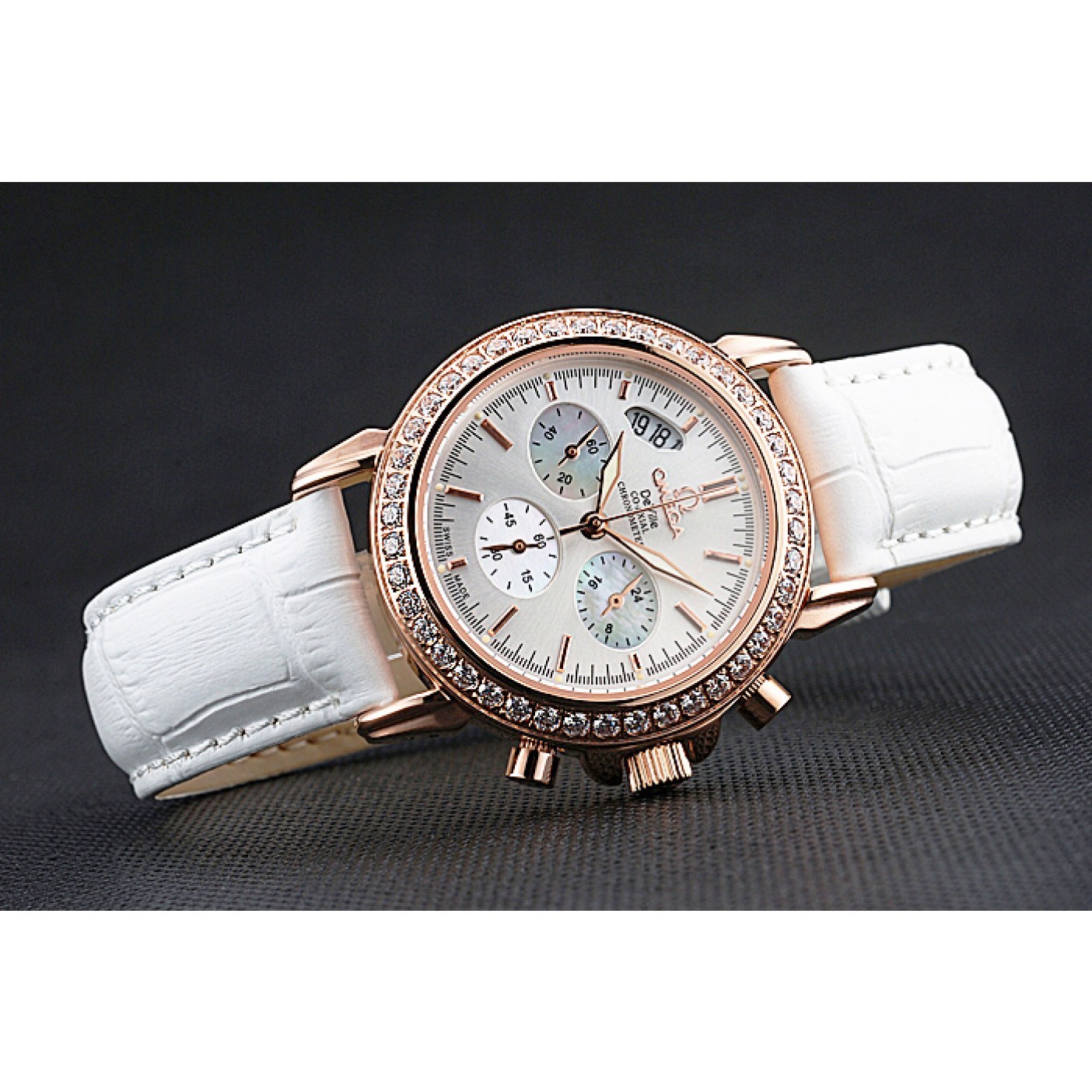 MiroTime Omega Speedmaster Chronograph White Dial Gold Diamond Case White Leather Bracelet 622455