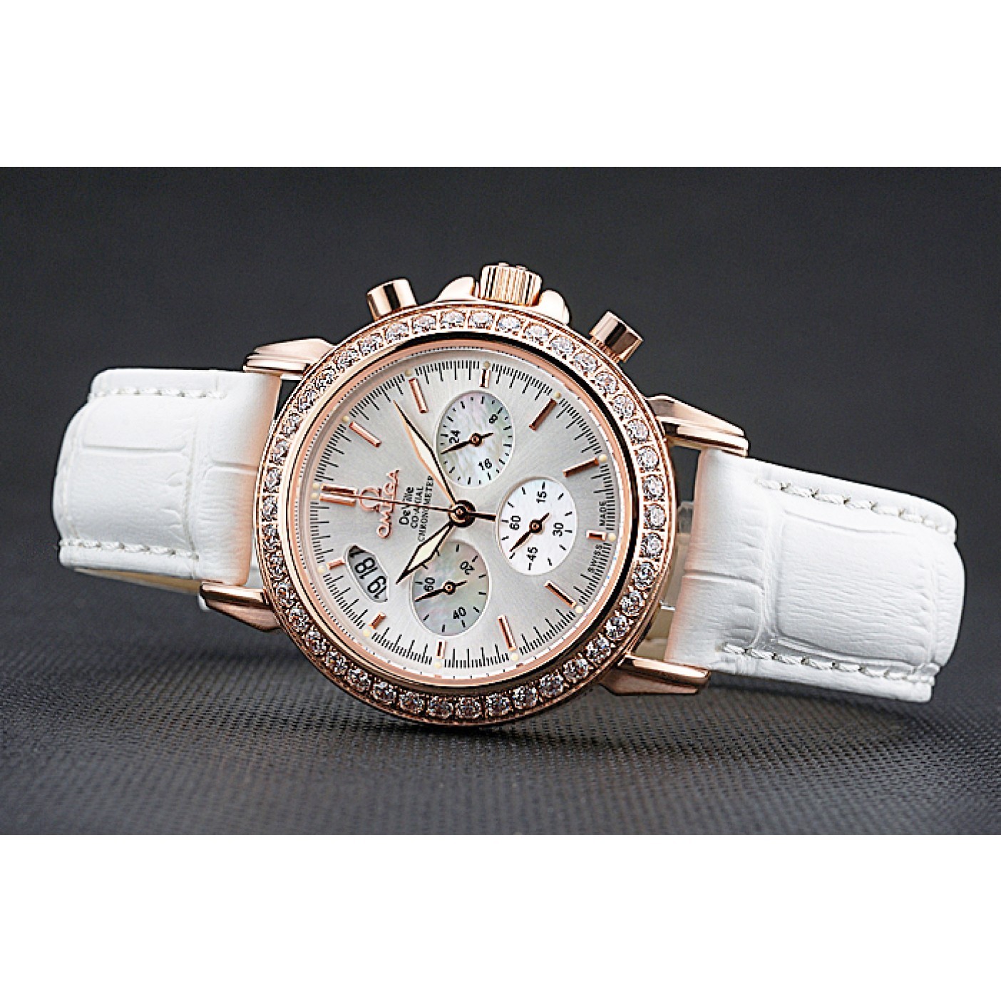 MiroTime Omega Speedmaster Chronograph White Dial Gold Diamond Case White Leather Bracelet 622455