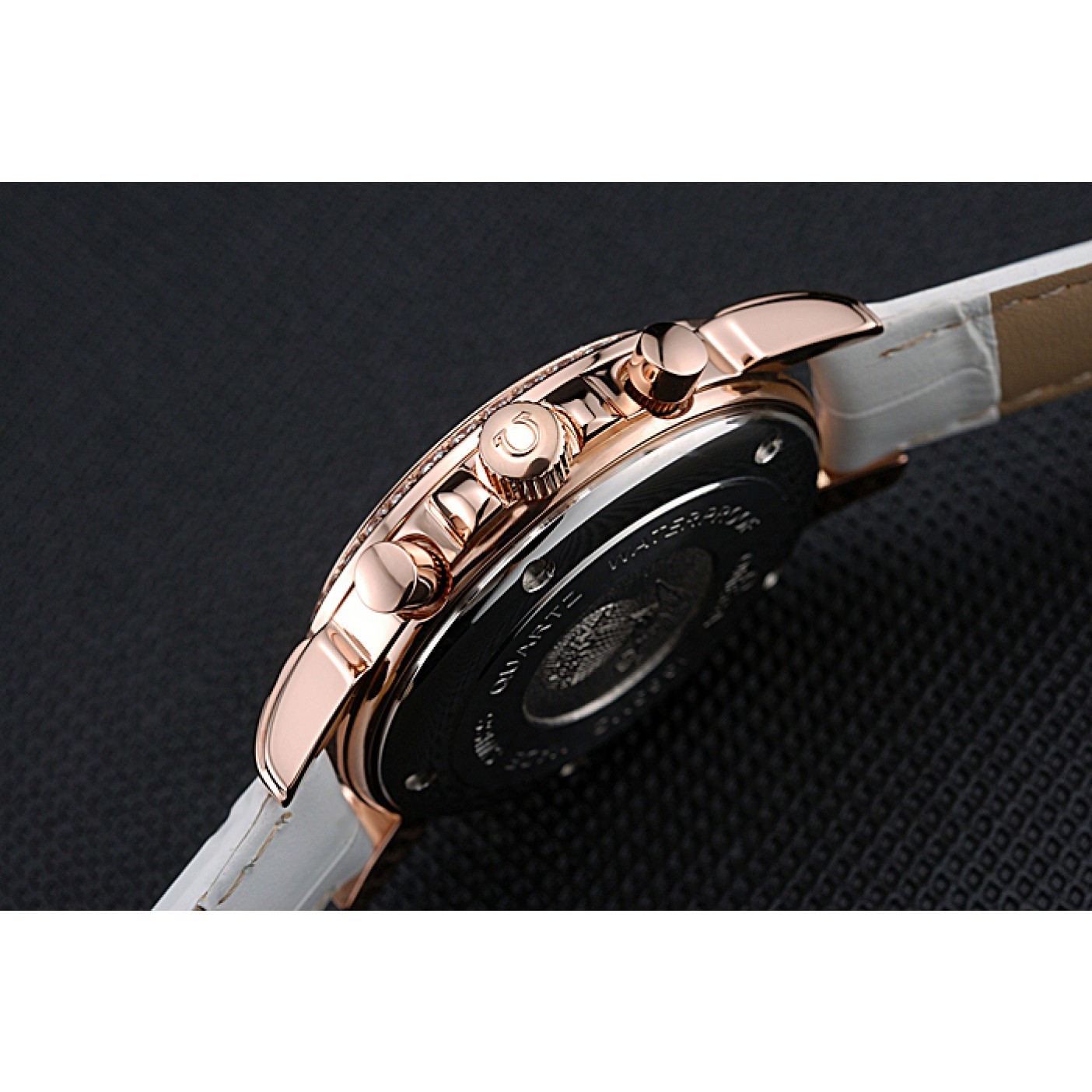 MiroTime Omega Speedmaster Chronograph White Dial Gold Diamond Case White Leather Bracelet 622455