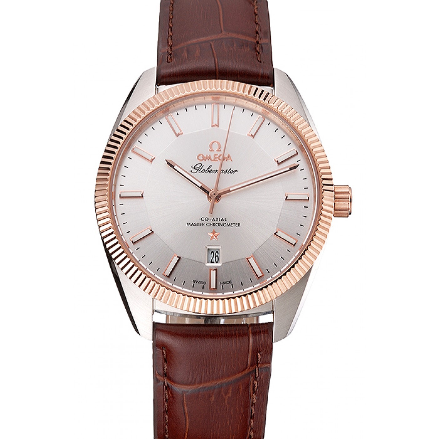 MiroTime Omega Globemaster Silver Dial Rose Gold Bezel Stainless Steel Case Brown Leather Strap