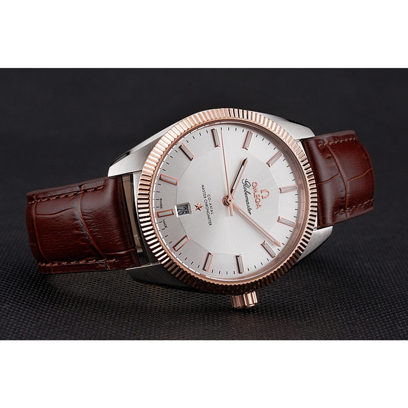 MiroTime Omega Globemaster Silver Dial Rose Gold Bezel Stainless Steel Case Brown Leather Strap