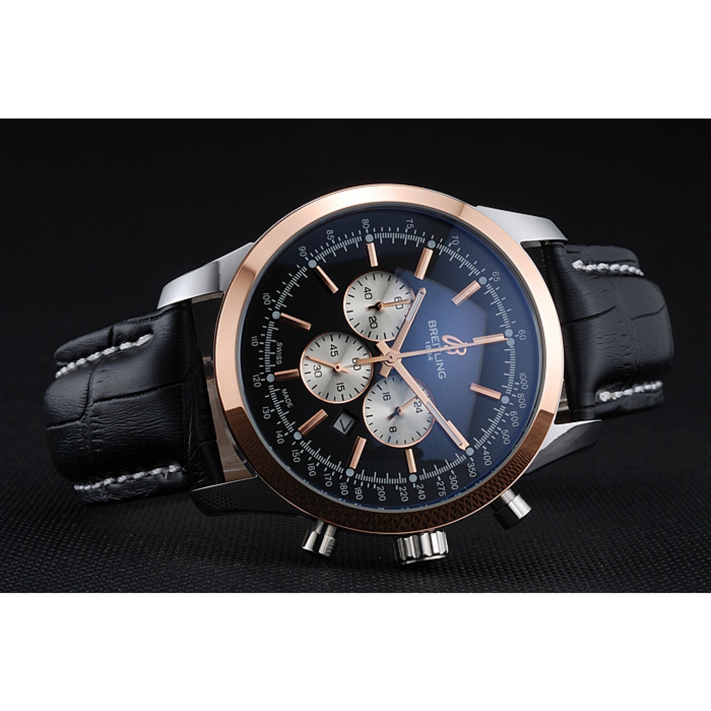MiroTime Breitling Transocean Black Dial Black Leather Strap Rose Gold Bezel 98203