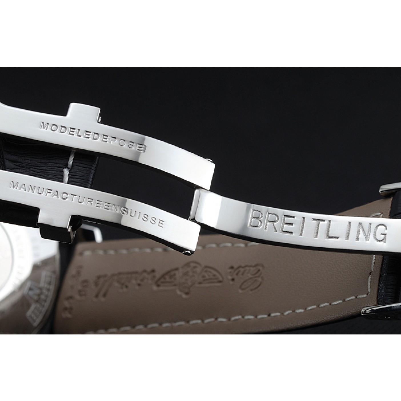 MiroTime Breitling Transocean Black Dial Black Leather Strap Rose Gold Bezel 98203