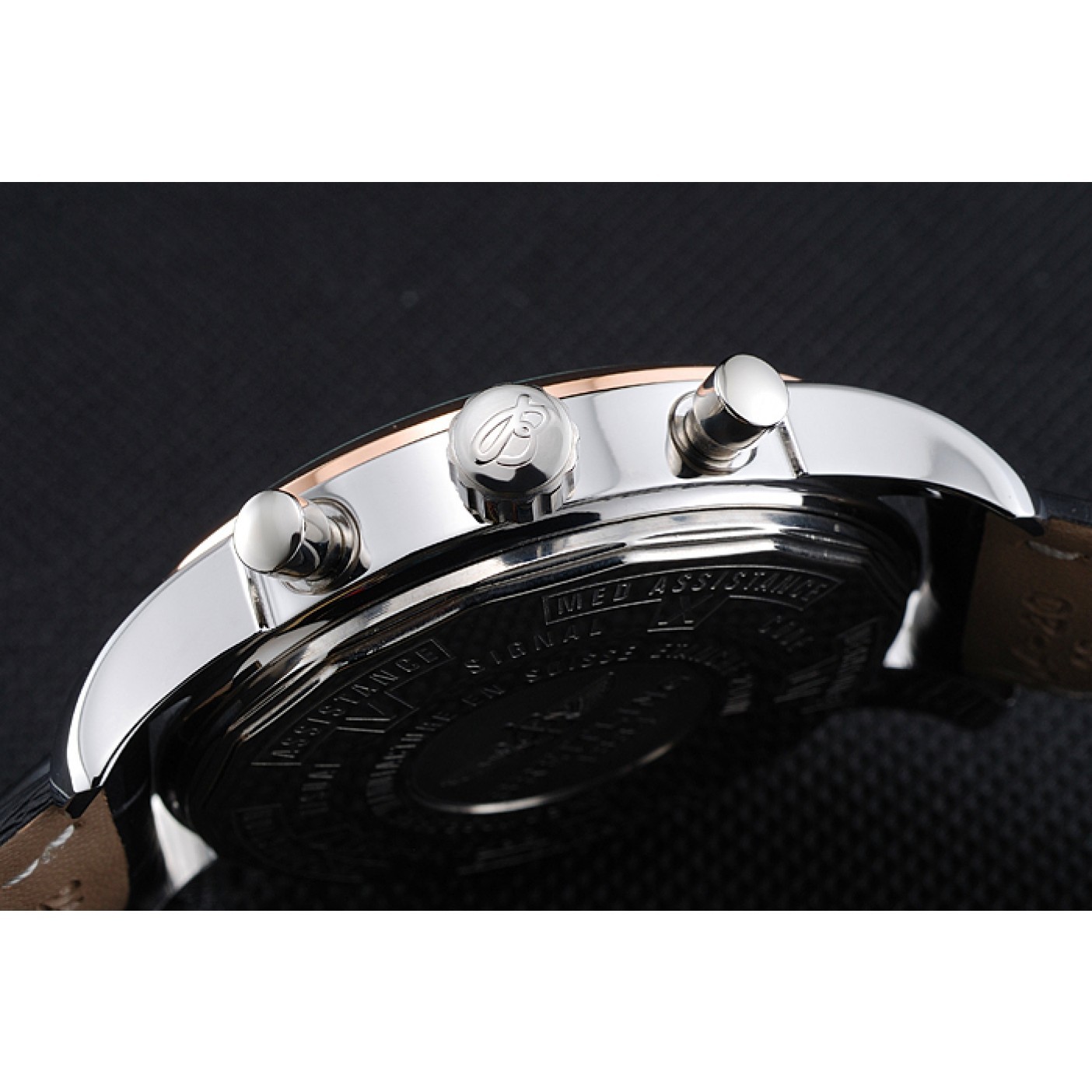 MiroTime Breitling Transocean Black Dial Black Leather Strap Rose Gold Bezel 98203