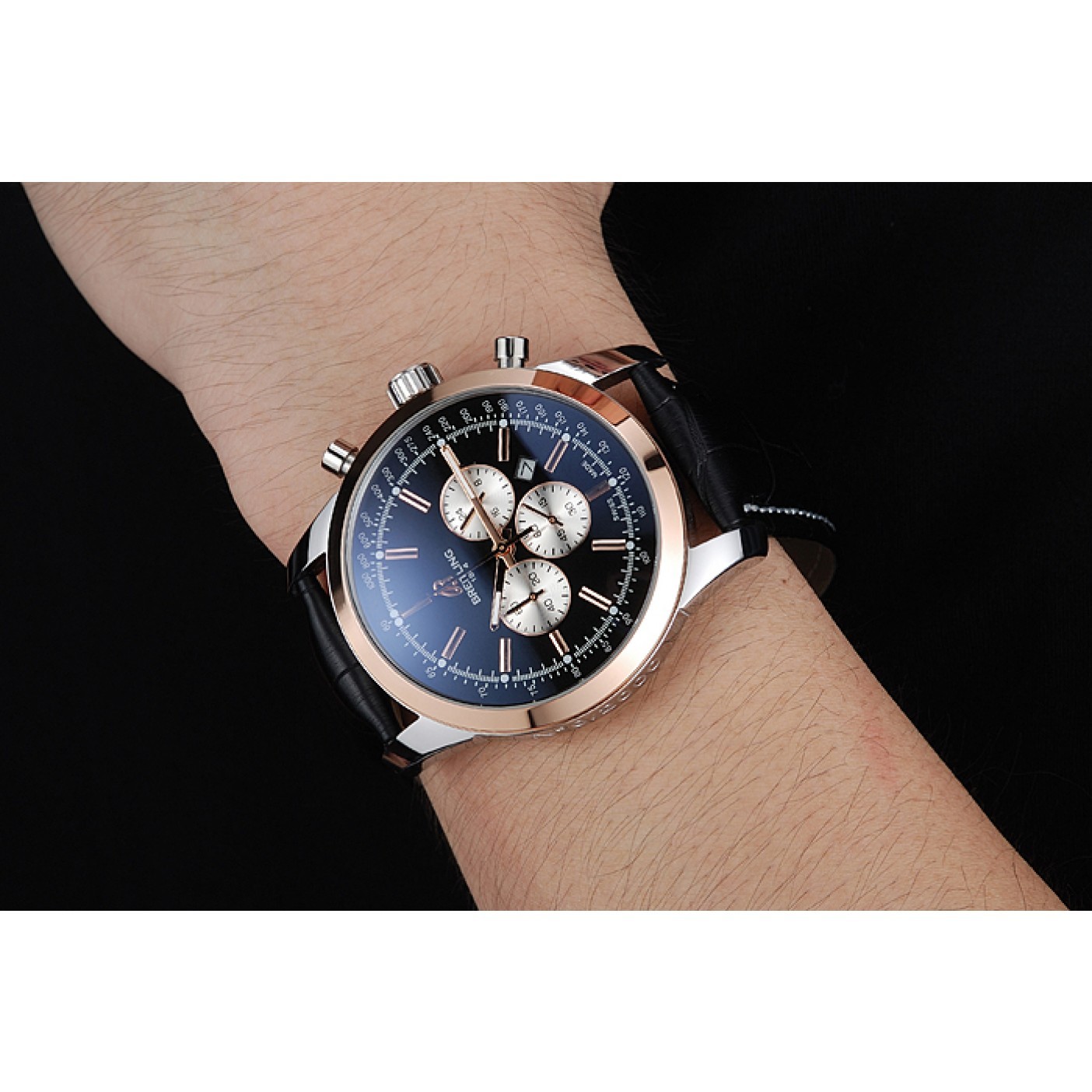 MiroTime Breitling Transocean Black Dial Black Leather Strap Rose Gold Bezel 98203