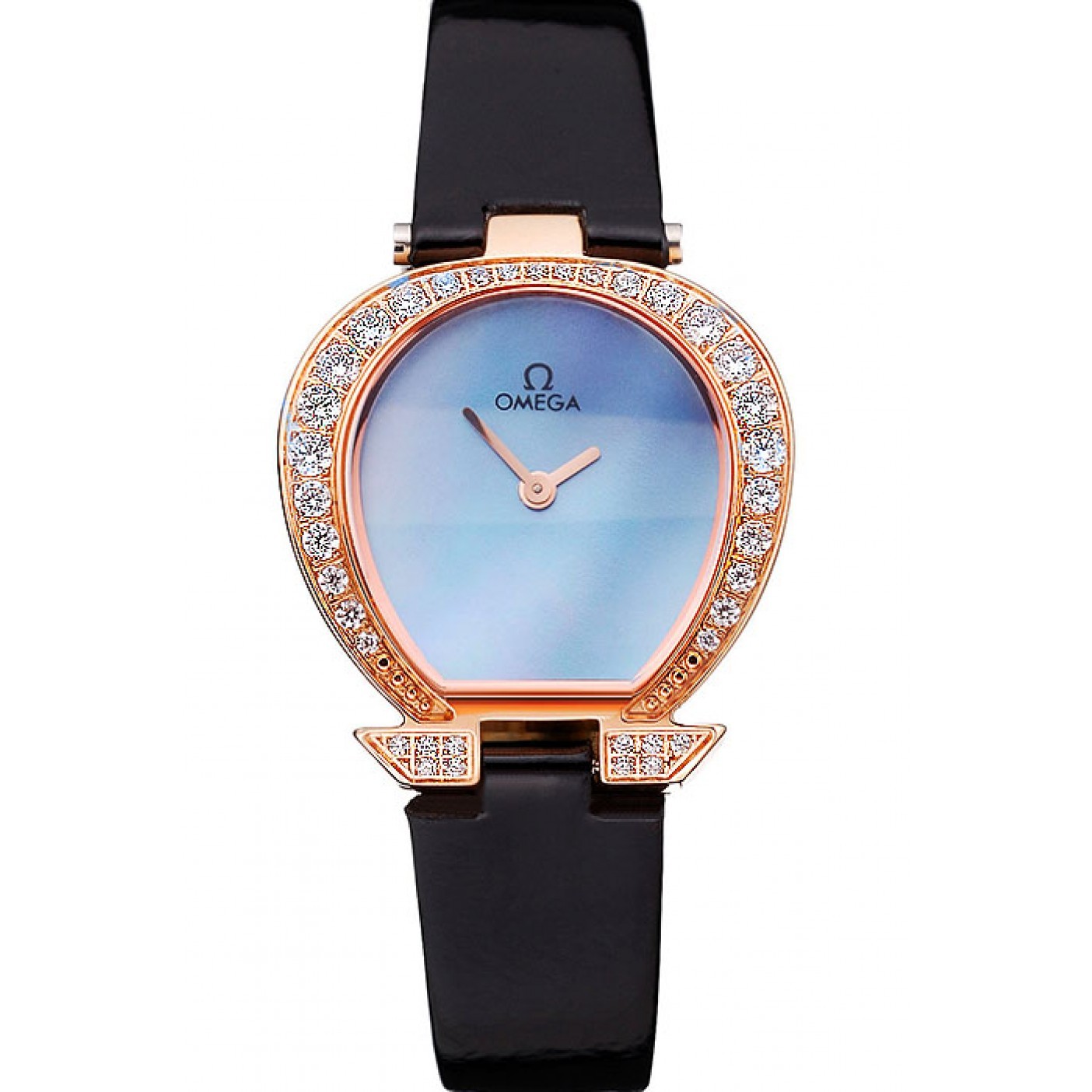 MiroTime Omega Ladies Watch Blue Dial Gold Case With Diamonds Black Leather Strap 622830