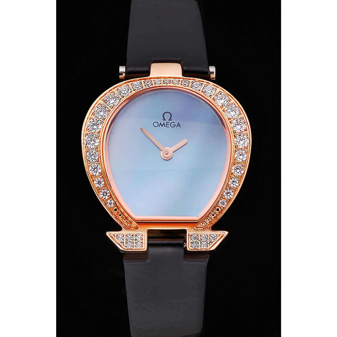 MiroTime Omega Ladies Watch Blue Dial Gold Case With Diamonds Black Leather Strap 622830