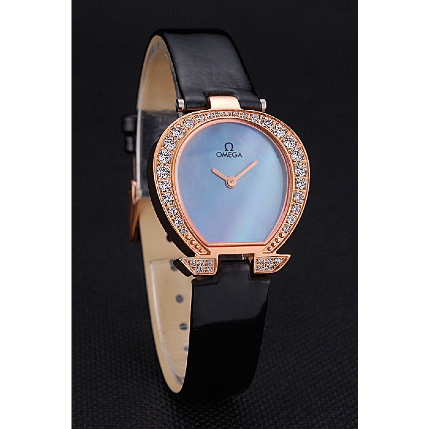 MiroTime Omega Ladies Watch Blue Dial Gold Case With Diamonds Black Leather Strap 622830