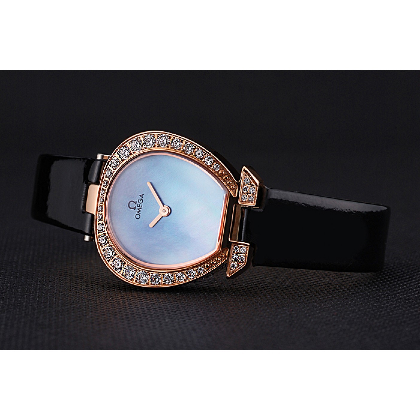 MiroTime Omega Ladies Watch Blue Dial Gold Case With Diamonds Black Leather Strap 622830