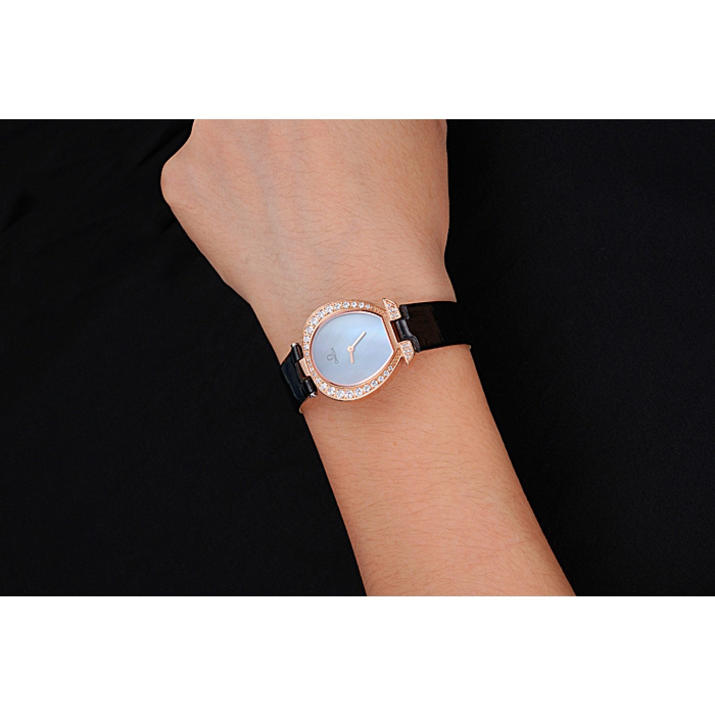MiroTime Omega Ladies Watch Blue Dial Gold Case With Diamonds Black Leather Strap 622830