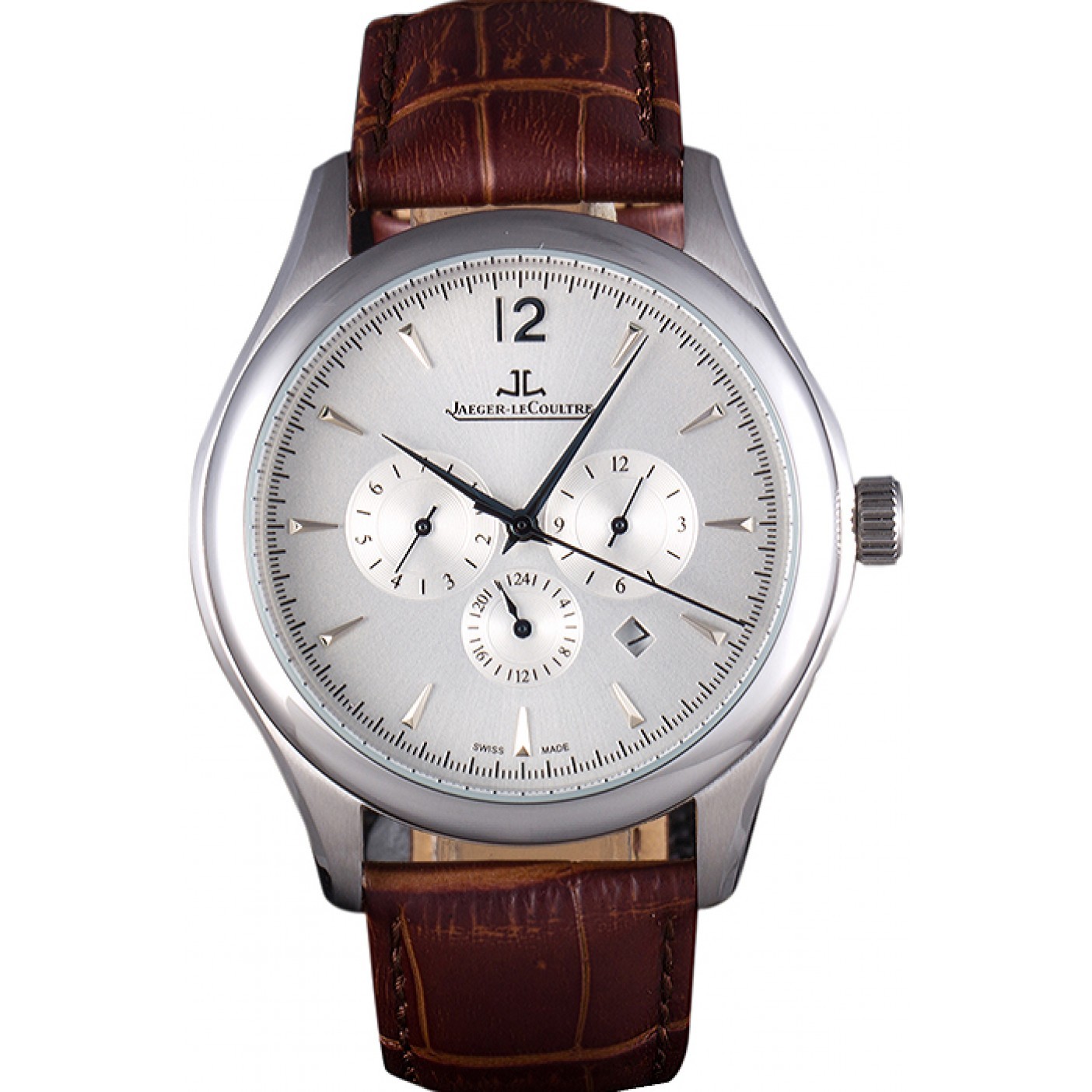 MiroTime Jaeger Lecoultre Master Chronograph Silver Bezel Brown Leather Band 621612