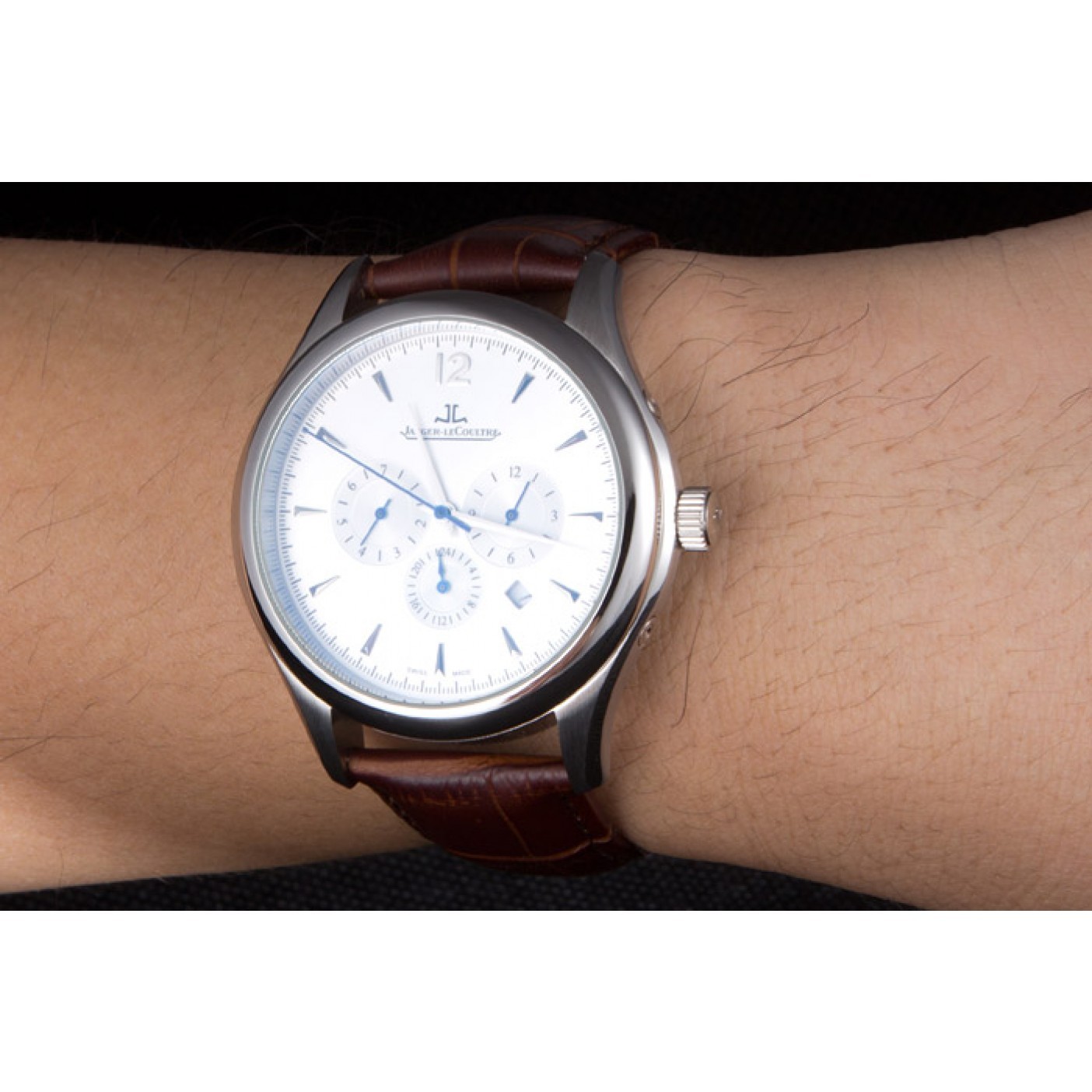 MiroTime Jaeger Lecoultre Master Chronograph Silver Bezel Brown Leather Band 621612